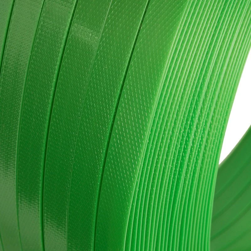Green PET strapping band close-up